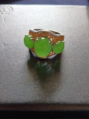 Green Jade (D) 8.70 ctw 3 Stone Ring in 18K Vermeil YG and Rhodium Over Sterling